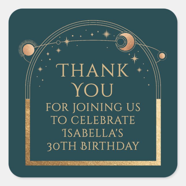 Celestial Birthday Green Gold Thank You Square Sticker (Front)