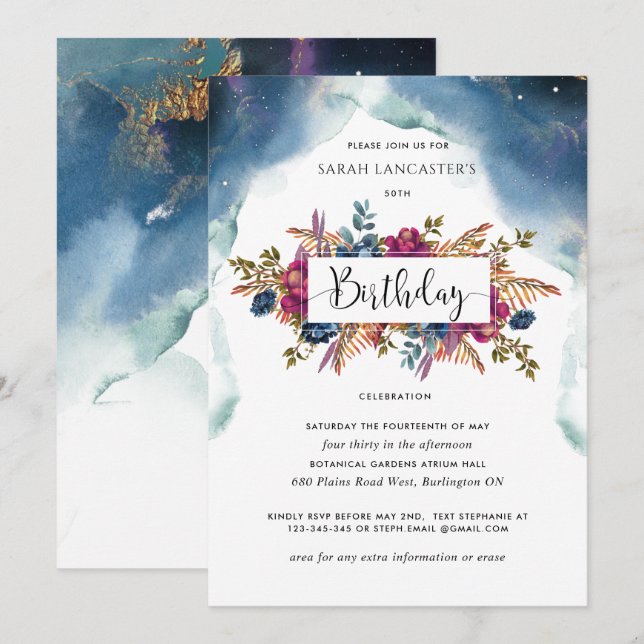 Celestial Birthday, Jewel Tone Floral Invitation (Front/Back)