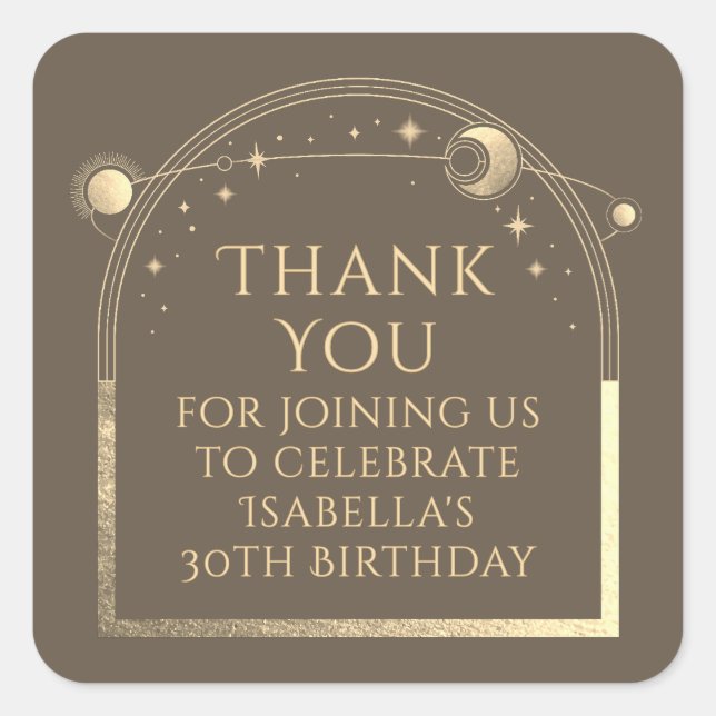 Celestial Birthday Mocha Gold Thank You Square Sticker (Front)