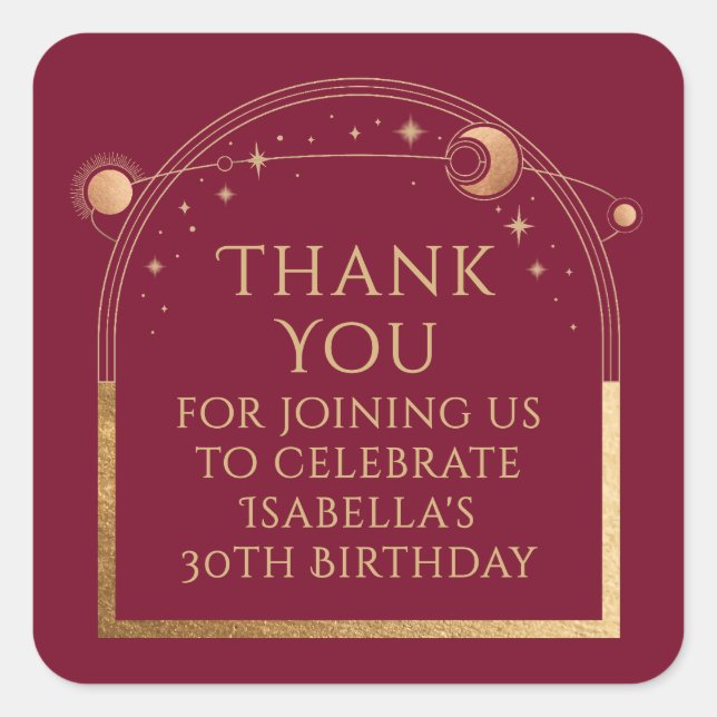 Celestial Birthday Red Gold Thank You Square Sticker (Front)