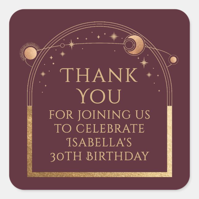 Celestial Birthday Red Gold Thank You Square Sticker (Front)