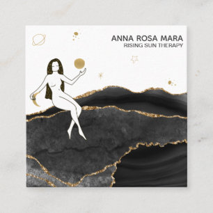 *~* Celestial Black Agate + Gold Glitter Goddess Square Business Card