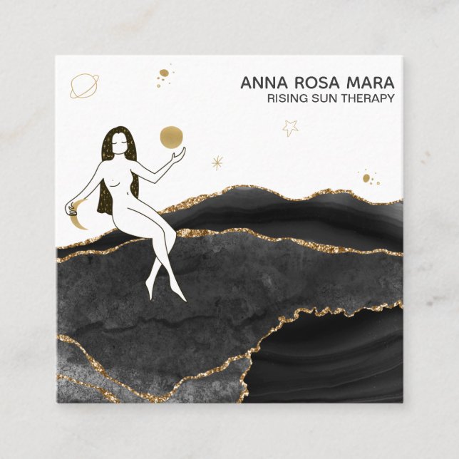 *~* Celestial Black Agate + Gold Glitter Goddess Square Business Card (Front)