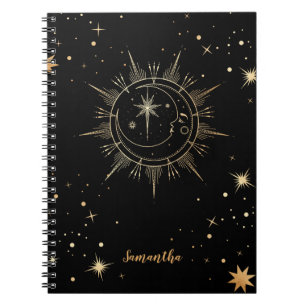Celestial Black and Gold Moon Sun Stars Name Notebook