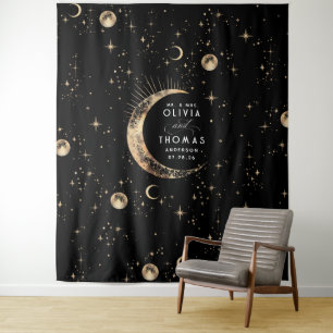 Celestial Black and Gold Mystical Wedding Backdrop Tapestry