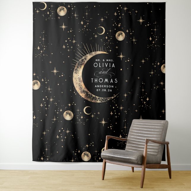 Celestial Black and Gold Mystical Wedding Backdrop Tapestry (In Situ)