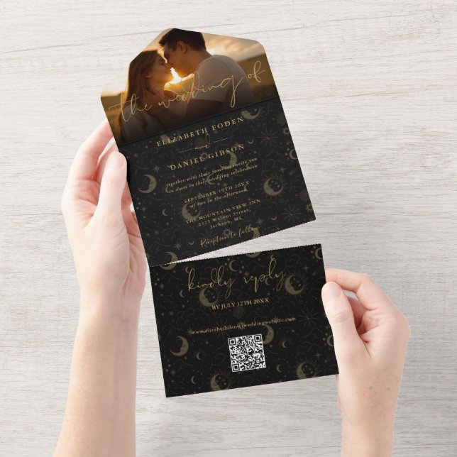 Celestial Black And Gold Photo Wedding All In One Invitation (Tearaway)