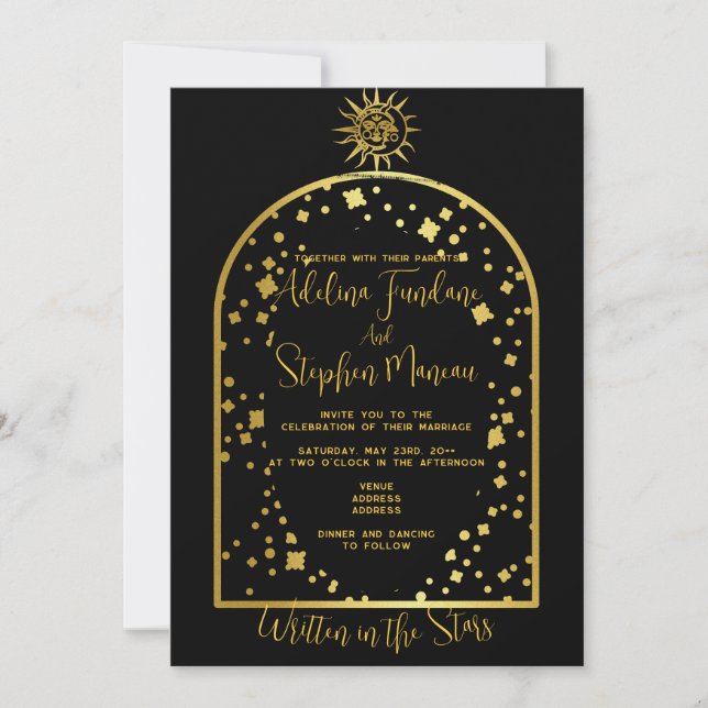 Celestial Black And Gold Stars Moon & Sun Wedding Invitation (Front)