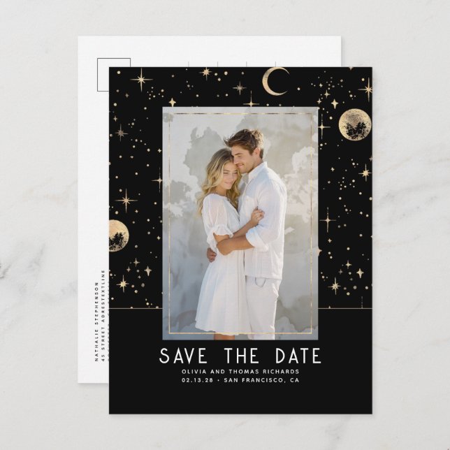 Celestial Black and Gold Stars Save The Date Announcement Postcard (Front/Back)