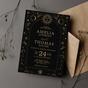 Celestial Black and Gold Sun and Moon Wedding Invitation
