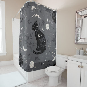 Celestial Black Cat Pattern with Moon Phases, Crys Shower Curtain