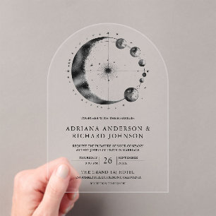 Celestial Black Crescent Moon Phases Wedding Acrylic Invitations