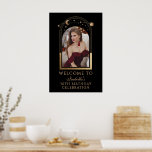 Celestial Black Gold 30th Birthday Welcome Poster<br><div class="desc">Celestial Black Gold 30th Birthday Welcome Poster features an elegant gold sun, moon and stars frame on a black background. Inside is your favourite photo and below your birthday welcome sign information. Personalise by editing the text in the text boxes and adding your favourite photo. Designed for you by ©2024...</div>