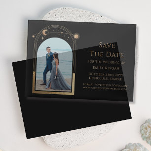 Celestial Black Gold Arch Photo Wedding Vellum Invitations