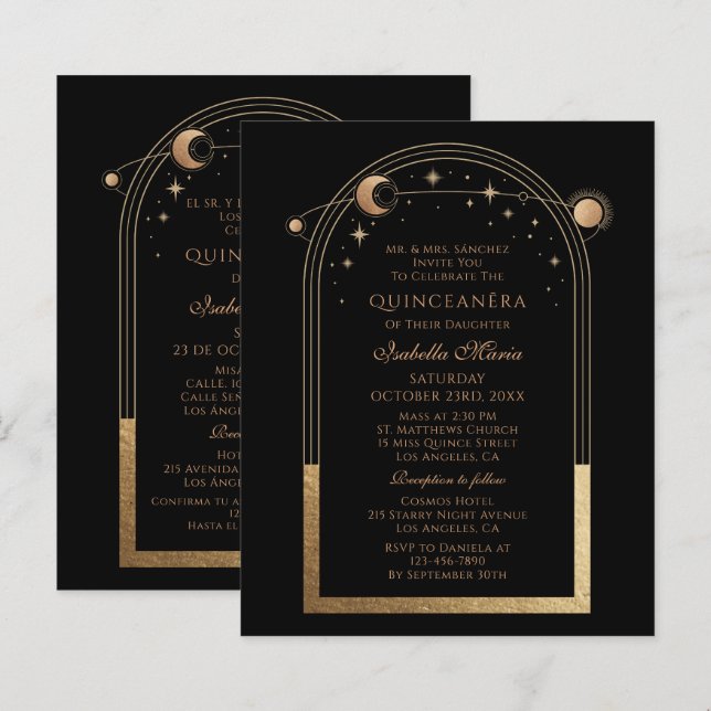 Celestial Black Gold Bilingual Spanish Quinceañera (Front/Back)