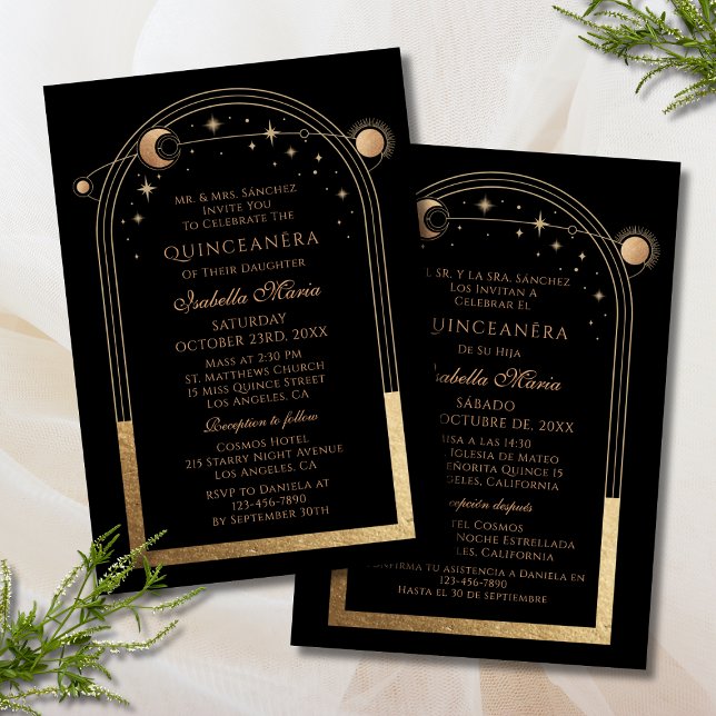Celestial Black Gold Bilingual Spanish Quinceañera Invitation (Creator Uploaded)