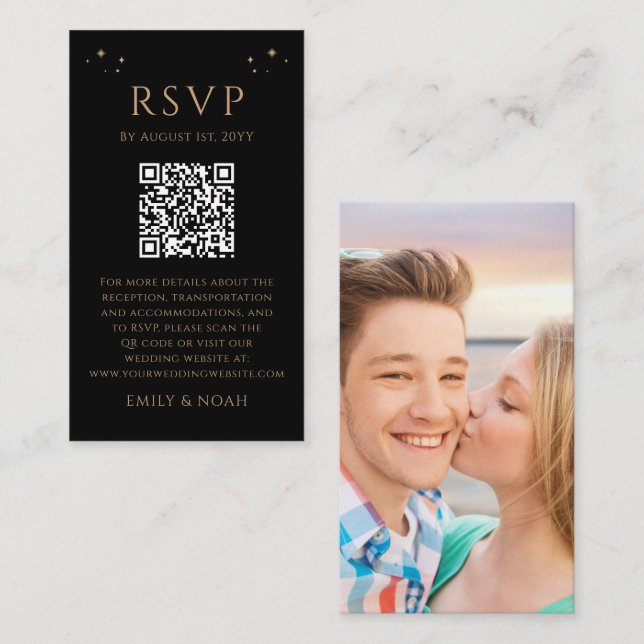 Celestial Black Gold Budget QR Code RSVP Photo Enclosure Card (Front/Back)