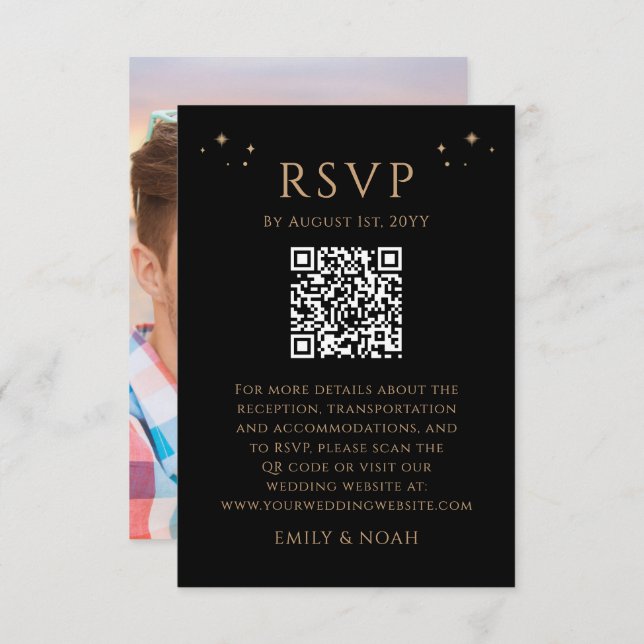 Celestial Black Gold Budget QR Code RSVP Photo Enclosure Card (Front/Back)