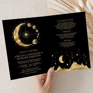 Celestial Black Gold Crescent Moon Phases Wedding Invitation