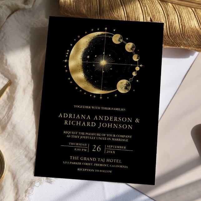 Celestial Black Gold Crescent Moon Phases Wedding Invitation (Creator Uploaded)