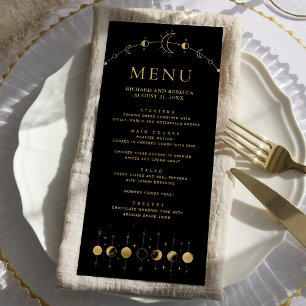 Celestial Black Gold Crescent Moon Phases Wedding Menu