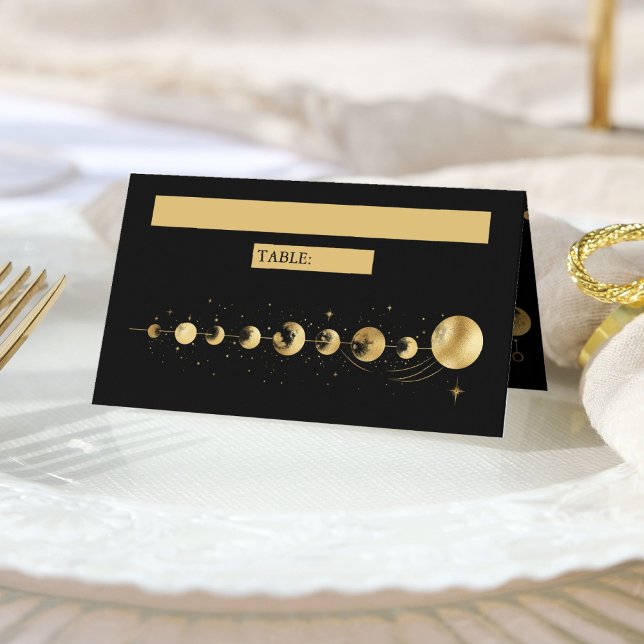 Celestial Black Gold Crescent Moon Phases Wedding Place Card (Creator Uploaded)