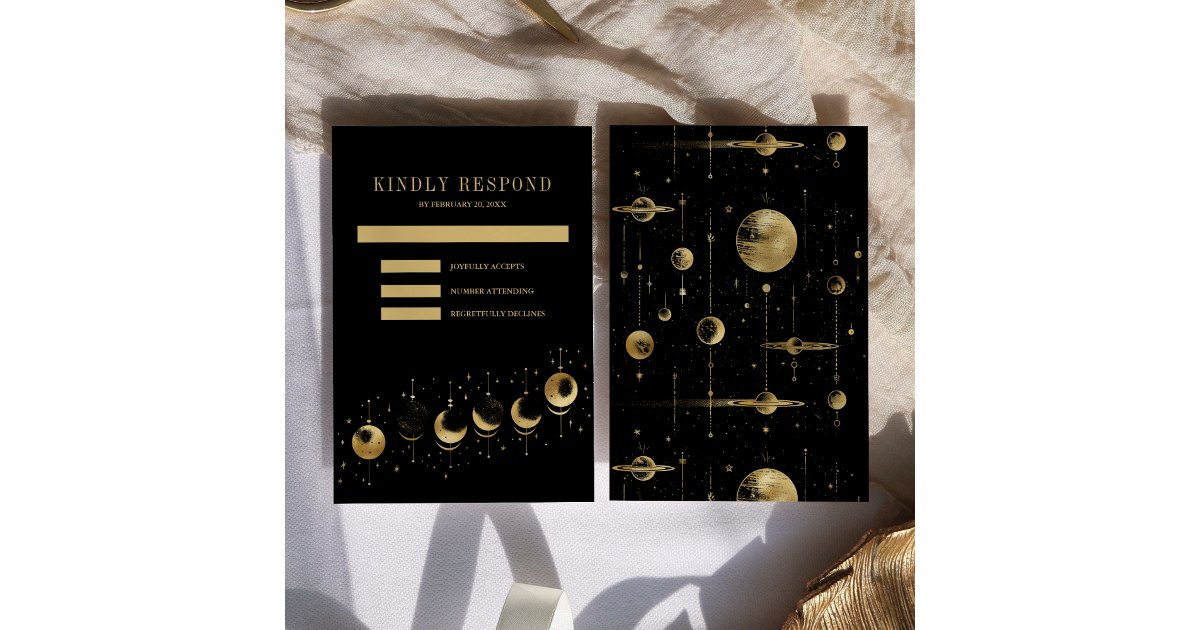 Celestial Black Gold Crescent Moon Phases Wedding RSVP Card | Zazzle