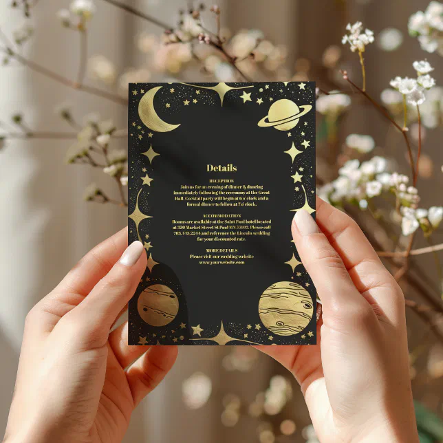 Celestial Black Gold Crescent Moon Wedding Enclosure Card | Zazzle