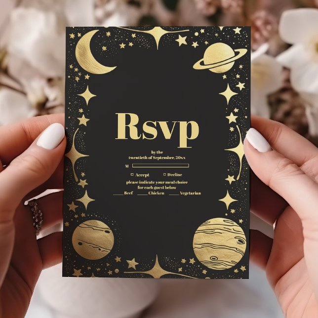 Celestial Black Gold Crescent Moon Wedding RSVP Card (Creator Uploaded)
