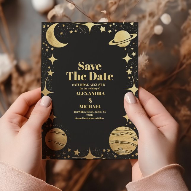 Celestial Black Gold Crescent Moon Wedding Save The Date (Creator Uploaded)