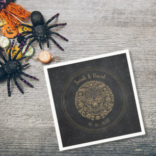 Celestial Black Gold Floral Skull Gothic Halloween Napkin