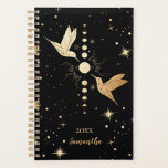 Celestial Black Gold Hummingbird Moon Name Year Planner<br><div class="desc">Modern black and gold celestial design on black background featuring two golden Hummingbirds, Moon Phases, and Stars. Faux Gold Foil effect - not real gold foil. Easy to customise by clicking the "personalise" button. Fill in your name and the year. Enjoy! Other designs are available in this series - browse...</div>