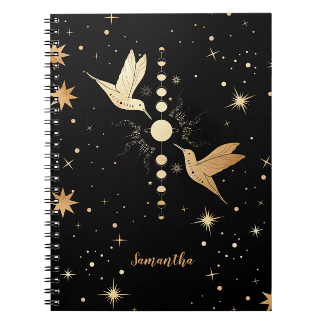 Celestial Black Gold Hummingbird Moon Phases Name Notebook (Front)
