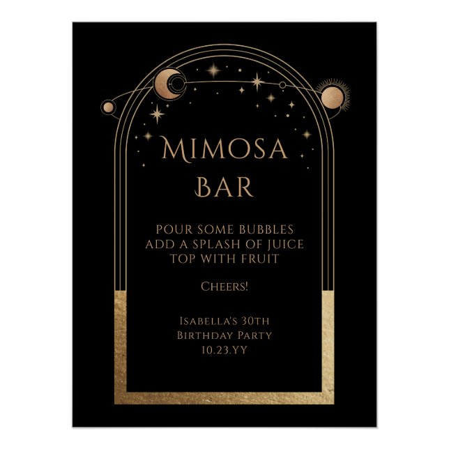 Celestial Black Gold Mimosa Bar Sun Moon Stars  Poster (Front)
