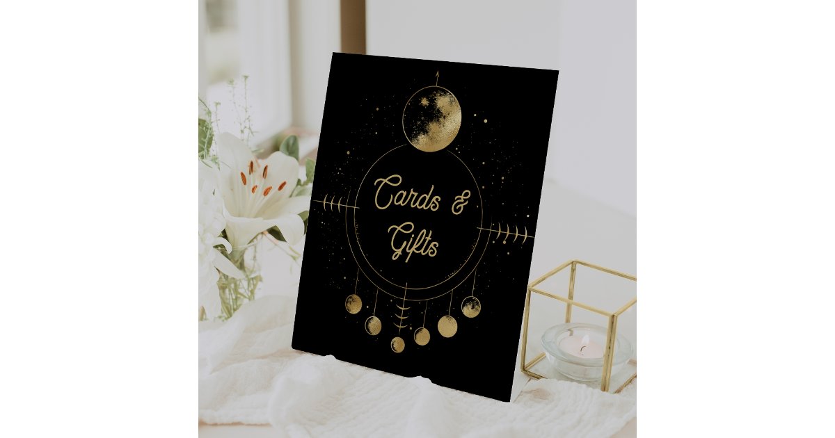 Celestial Black Gold Moon Wedding Cards and Gifts Pedestal Sign | Zazzle