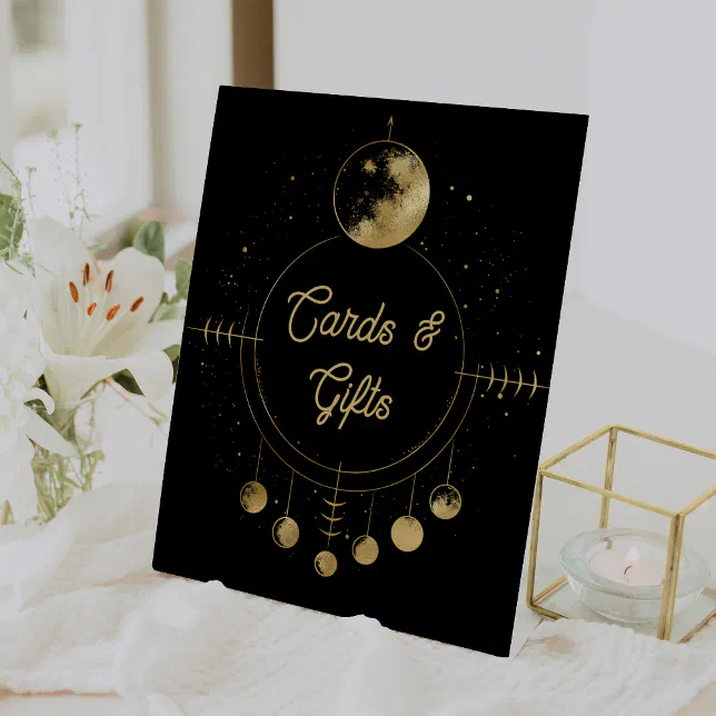 Celestial Black Gold Moon Wedding Cards and Gifts Pedestal Sign | Zazzle