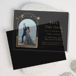 Celestial Black Gold Photo Wedding Save The Date Vellum Invitations<br><div class="desc">Celestial Chic Black Gold Photo Wedding Vellum Save The Dates Invitations features a gold sun, moon and stars frame on an elegant black background. Inside is your favourite photo and your custom save the date information. Personalise by editing the text in the text boxes. Designed for you by ©Evco Studio...</div>