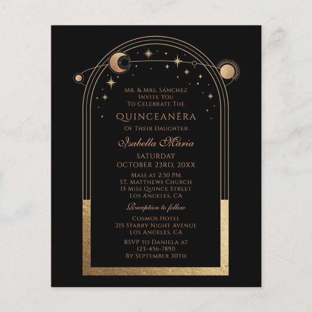 Celestial Black Gold QR Code Quinceañera (Front)