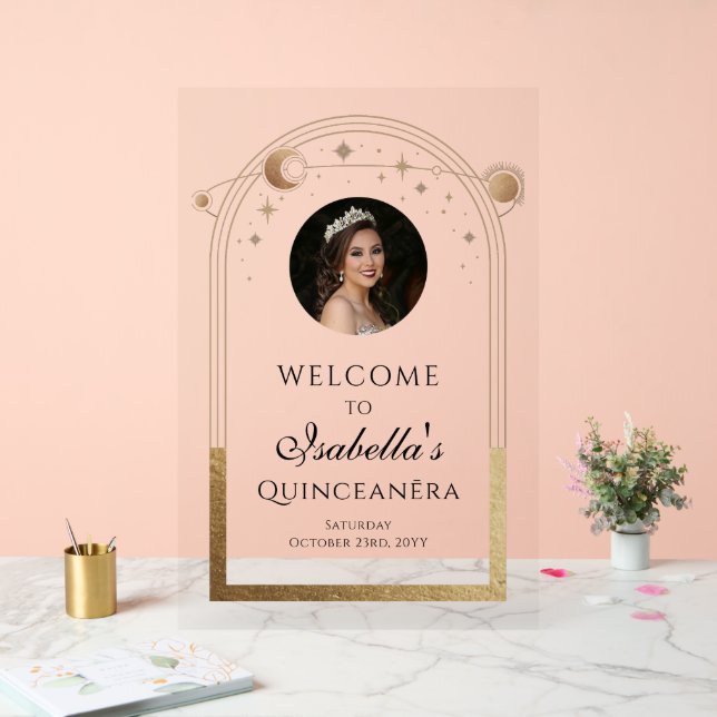 Celestial Black Gold Quinceañera Birthday Welcome  Acrylic Sign (Wedding)