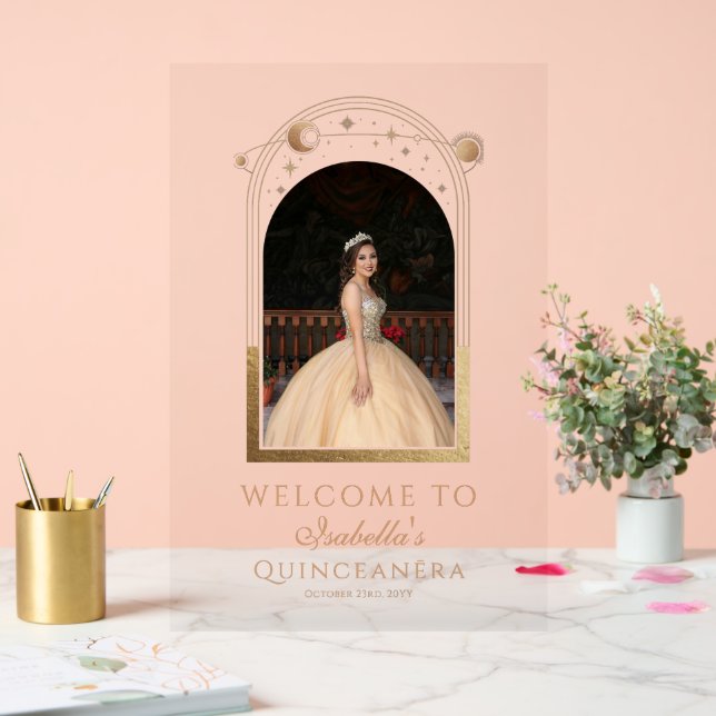 Celestial Black Gold Quinceañera Birthday Welcome Acrylic Sign (Wedding)