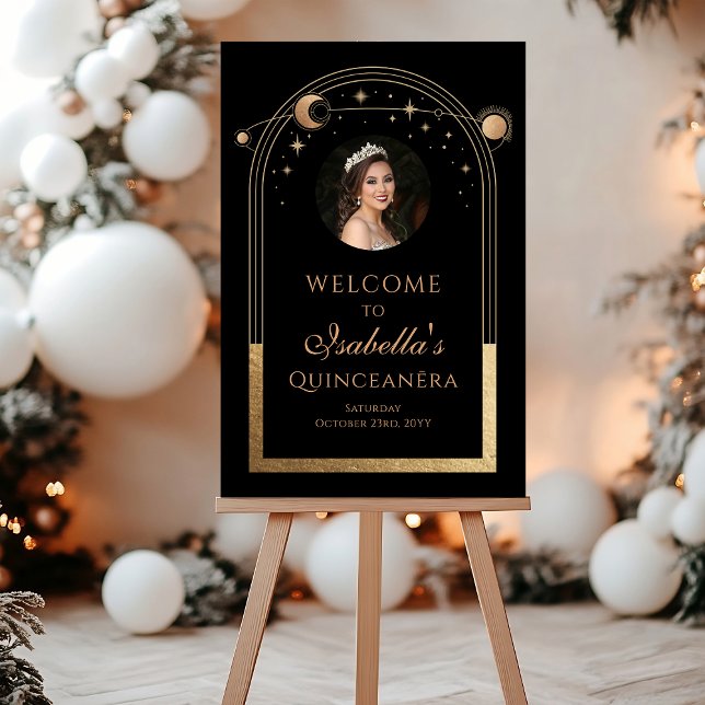 Celestial Black Gold Quinceañera Birthday Welcome  Acrylic Sign (Creator Uploaded)