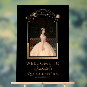 Celestial Black Gold Quinceañera Birthday Welcome Acrylic Sign