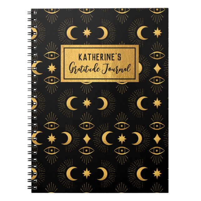 Celestial Black Gold Stars Moon Gratitude Journal (Front)