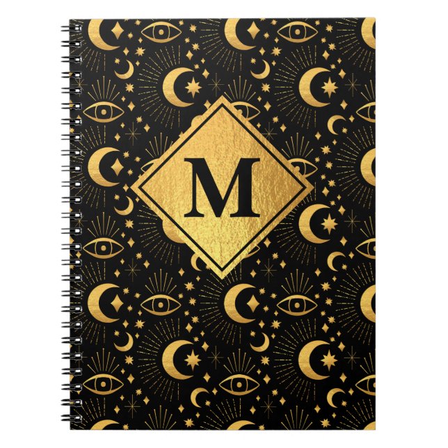 Celestial Black & Gold Stars Moon Pattern Monogram Notebook (Front)