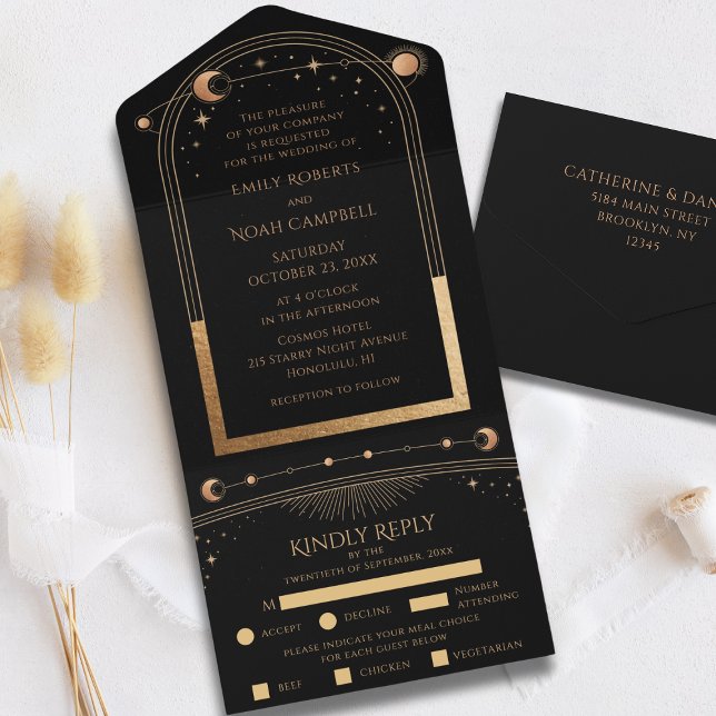 Celestial Black Gold Sun Moon Astronomy Wedding All In One Invitation (Creator Uploaded)