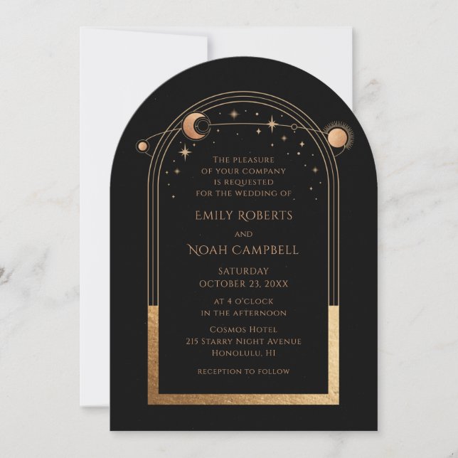 Celestial Black Gold Sun Moon Astronomy Wedding Invitation (Front)