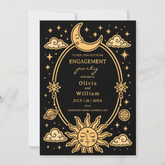 Celestial Black Gold Sun Moon Engagement Invition Invitation