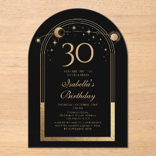 Celestial Black Gold Sun Moon Stars 30th Birthday Acrylic Invitations