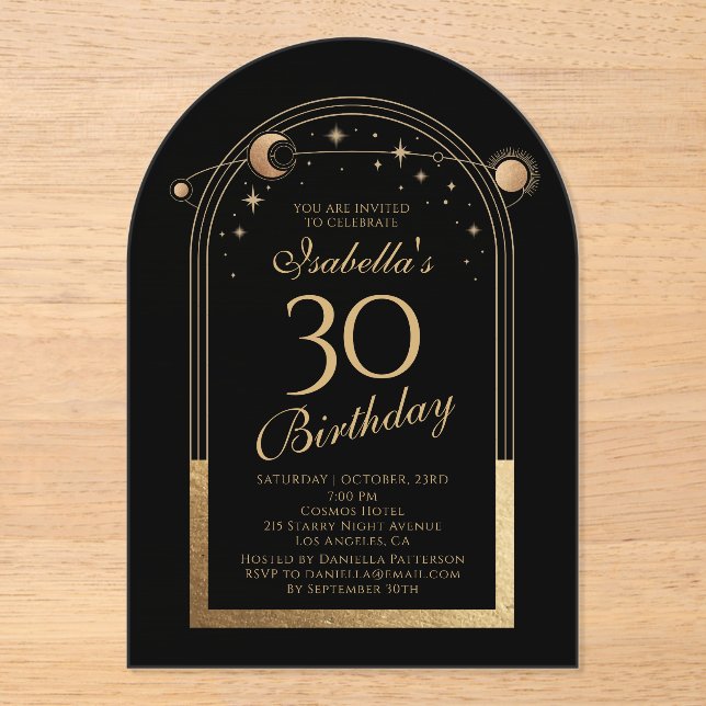 Celestial Black Gold Sun Moon Stars 30th Birthday Acrylic Invitations (Front)