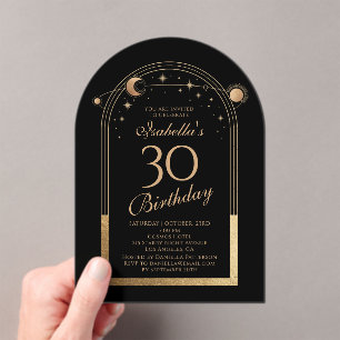 Celestial Black Gold Sun Moon Stars 30th Birthday Acrylic Invitations